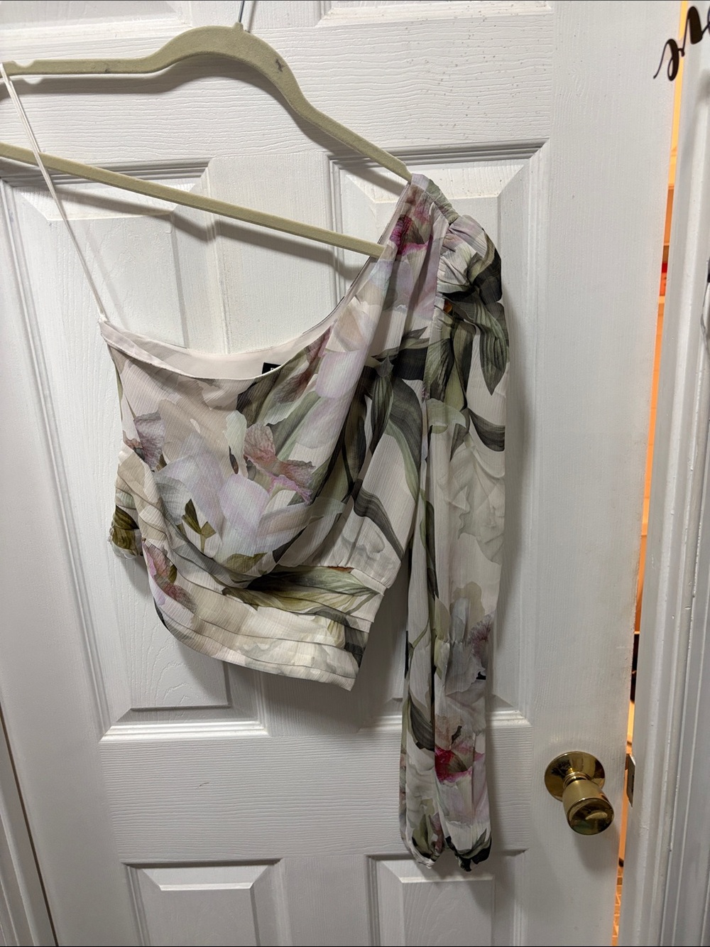 Express Floral One-Shoulder Draped Top in White and Green